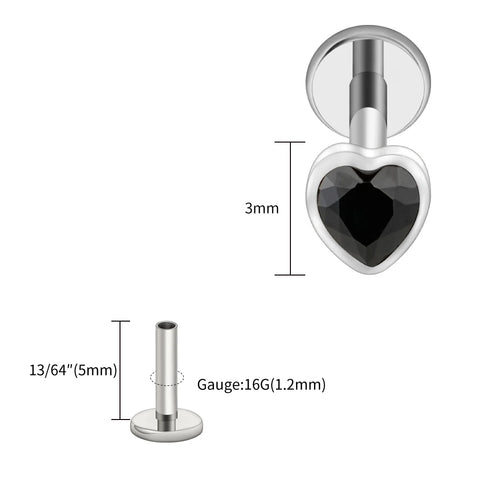 Titanium Heart Shaped CZ Flat Back Labret Stud Cartilage Helix Ear Piercing