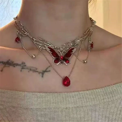 Red Butterfly Star Heart Cross Pendant Ghost Claw Choker Charms Necklaces