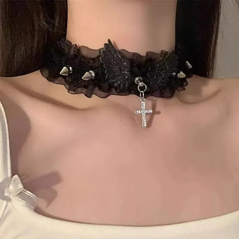 Fashion Solid Color Women Girls Necklace Wide Lace Rivets Lolita Lace Choker