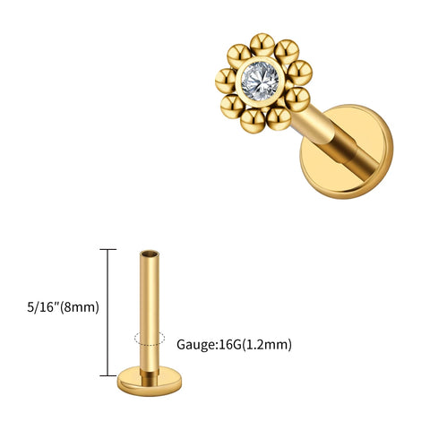 Titanium Mini Beaded Sun Labret Stud CZ Flower Tragus Cartilage Helix