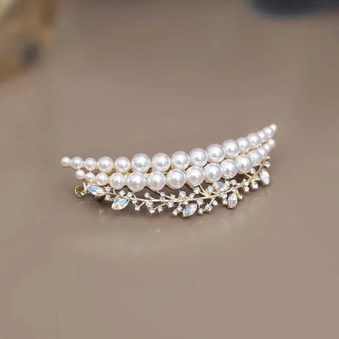 French Style Pearl Crystal Crescent Spring Clip Women's Back of Head Half-tied Hair Clip
