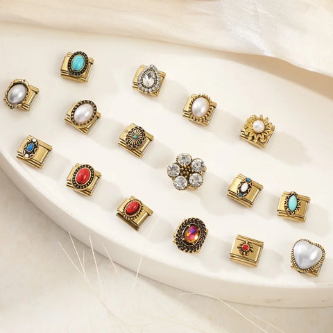 Golden Heart Butterfly Sun Flower Pearl Zircon Italian Charm Links