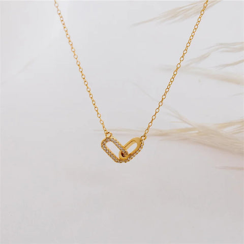 Gold color Shiny Rhinestone Double Circle Pendant Necklace For Women Girl Clavicle Choker