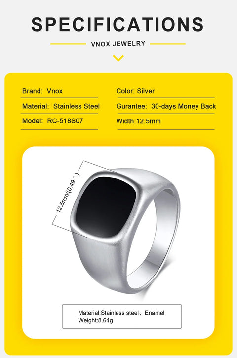 Signet Ring for Men Black Square Top Stainless Steel Finger Band Gothic Rings