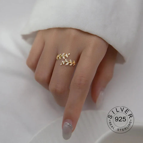 Sterling Silver Rings For Women Geometric Fine Jewelry Finger Adjustable Plant Leaf Star Zircon Ring