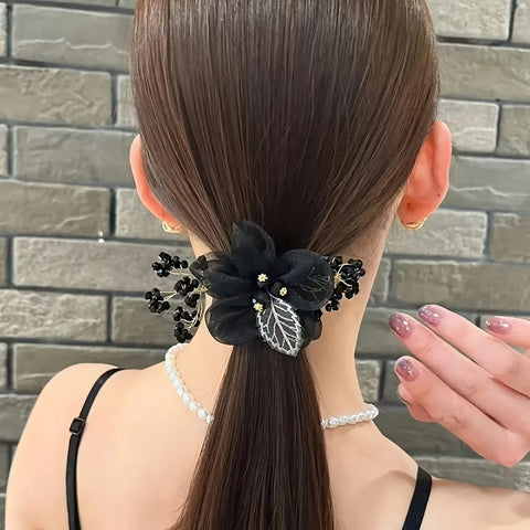 Embroidered Leaf Mesh Ponytail Headband