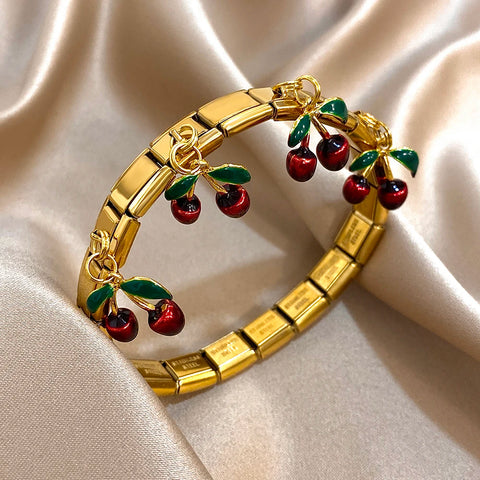 Stainless Steel Strawberry Pepper Cherry Pendant Elastic Bangles Bracelets