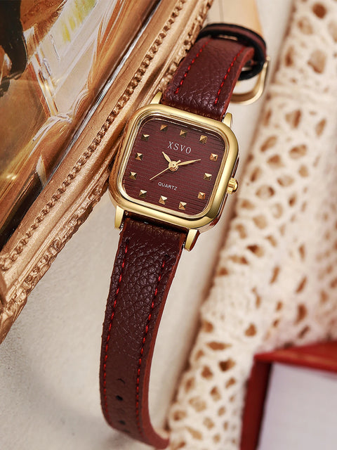 Fashion Ladies Quartz Watch with Square Dial Leather Strap for Christmas Halloween Gift
