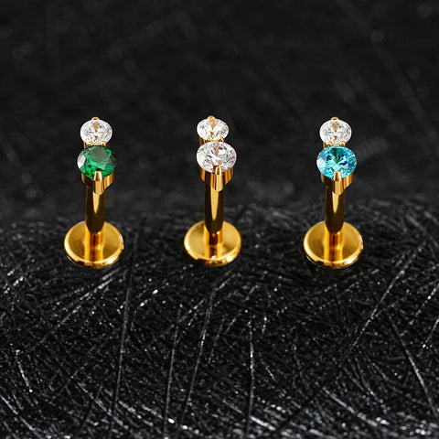 Titanium 16G Double CZ Cartilage Earring Tiny Two Stone Flat Back Labret Stud