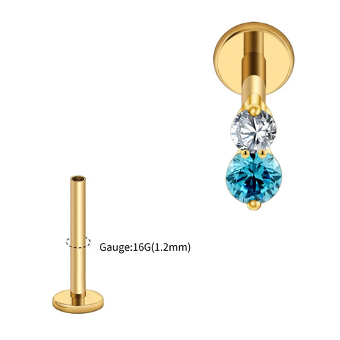 Titanium 16G Double CZ Cartilage Earring Tiny Two Stone Flat Back Labret Stud