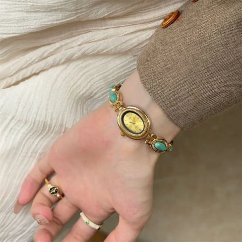 Colored Gemstones Ladies Watch Oval Elegant Wristwatch Luxury Gift Bracelet Watch