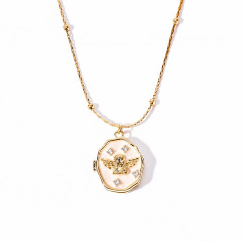 Photo Frame Album Lock Pendant Necklace White Shell Butterfly Angel Choker Jewelry