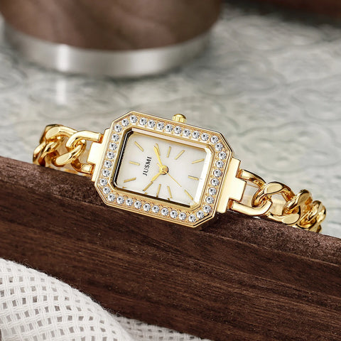 Ladies fashion bar scale square dial buckle shaped steel strip with diamonds outer shell quartz watch