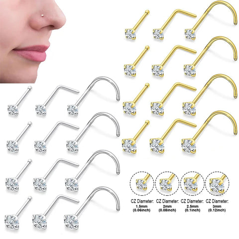 Cubic Zirconia Nose Piercing Jewelry Nose Studs 20G Bone L Shaped Shiny Crystal Piercing