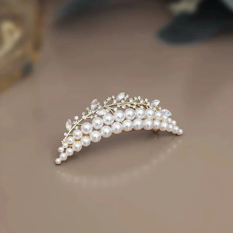 French Style Pearl Crystal Crescent Spring Clip Women's Back of Head Half-tied Hair Clip
