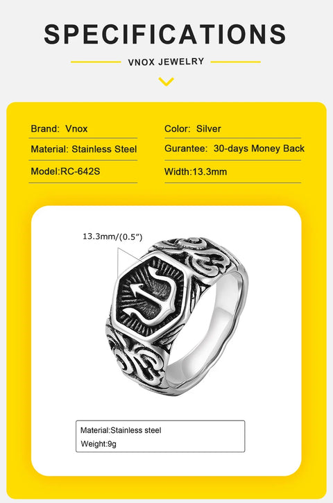 Tridant Signet Ring for Men Stainless Steel Geometric Top Stamp Finger Band