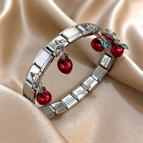 Stainless Steel Strawberry Pepper Cherry Pendant Elastic Bangles Bracelets