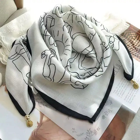 Plaid Flower Print Scarves With Magnetic Buckle Square Cotton and Linen Neck Wraps