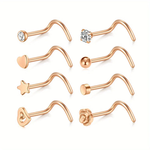Elegant Stainless Steel Nose Rings Set Synthetic Zirconia Curved Rod Nose Studs