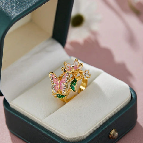 Aesthetic Flower Butterfly Rings for Female Romantic Rhinestone Stylish Opening Ring