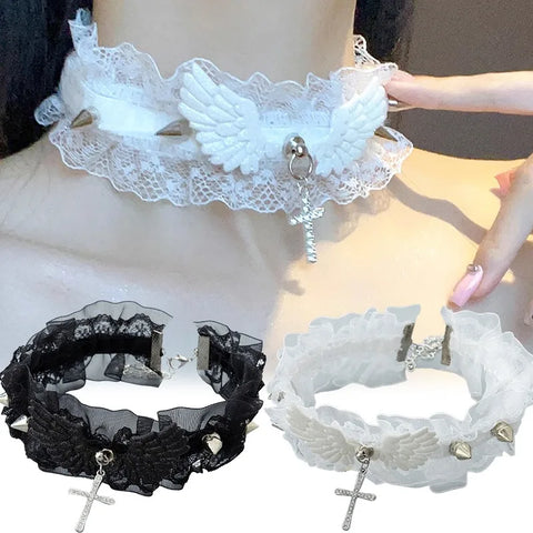 Fashion Solid Color Women Girls Necklace Wide Lace Rivets Lolita Lace Choker