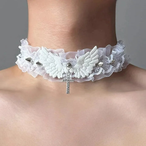 Fashion Solid Color Women Girls Necklace Wide Lace Rivets Lolita Lace Choker