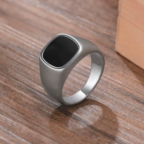 Signet Ring for Men Black Square Top Stainless Steel Finger Band Gothic Rings