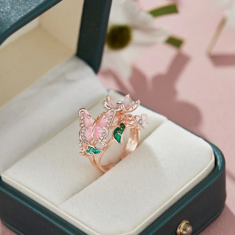 Aesthetic Flower Butterfly Rings for Female Romantic Rhinestone Stylish Opening Ring