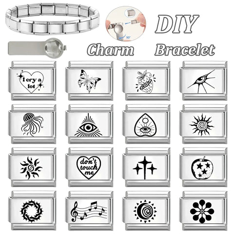 Black Engraving  Eye Jellyfish Butterfly Sun Moon Silver Charm Links