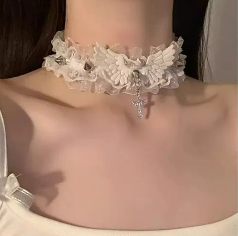 Fashion Solid Color Women Girls Necklace Wide Lace Rivets Lolita Lace Choker