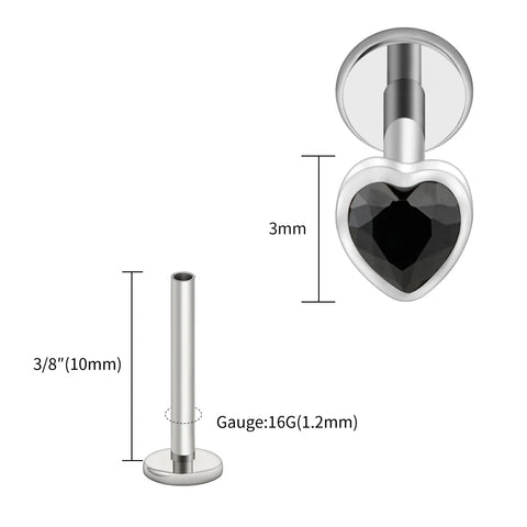 Titanium Heart Shaped CZ Flat Back Labret Stud Cartilage Helix Ear Piercing