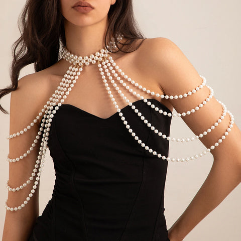 Bridal Tassel Imitation Pearl Shoulder Chain Necklace for Women