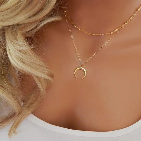 Gold Color Double Layer Moon Pendant Necklaces for Women Luxury Design
