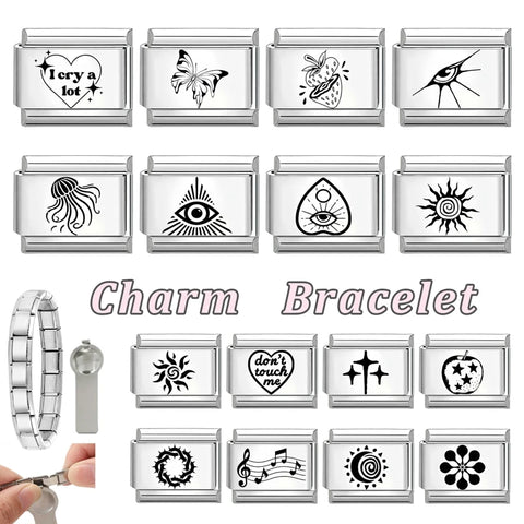 Black Engraving  Eye Jellyfish Butterfly Sun Moon Silver Charm Links