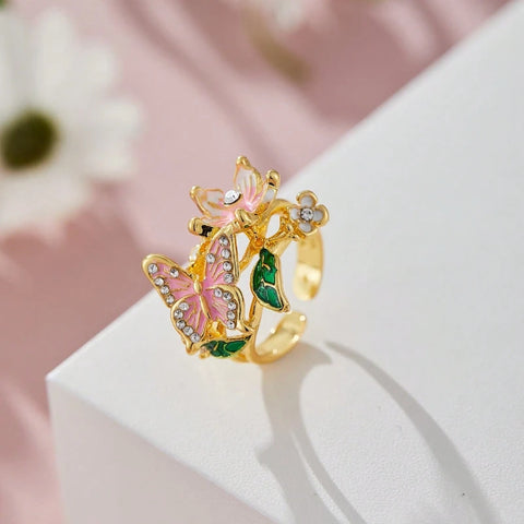 Aesthetic Flower Butterfly Rings for Female Romantic Rhinestone Stylish Opening Ring