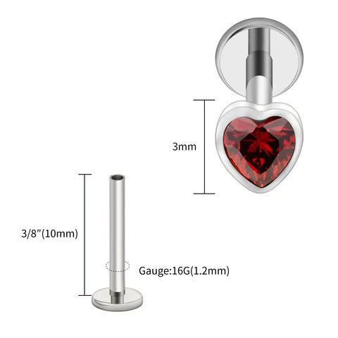 Titanium Heart Shaped CZ Flat Back Labret Stud Cartilage Helix Ear Piercing