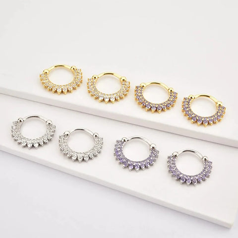 Sterling Silver Needle Multi-color Zircon Hoop Ring Luxury Crystal Piercing