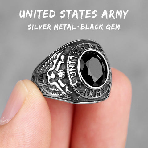 Stainless Steel Men Rings Rhinestone United States Army Punk Hip Hop for Biker Jewelry