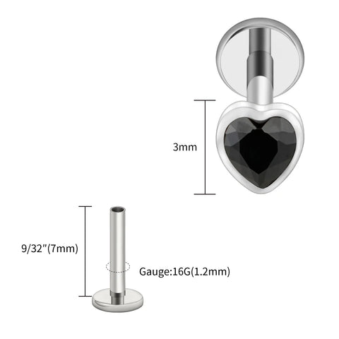 Titanium Heart Shaped CZ Flat Back Labret Stud Cartilage Helix Ear Piercing