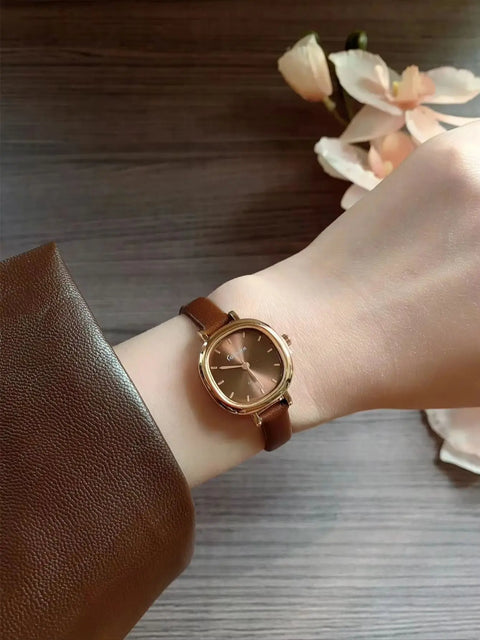 Square Exquisite Girls' Watch Brown Strap Simple and Versatile Quartz Watch
