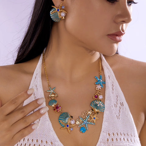 Starfish Shell Pearl Necklace for Women Summer Ocean Coral Scallop Pendant