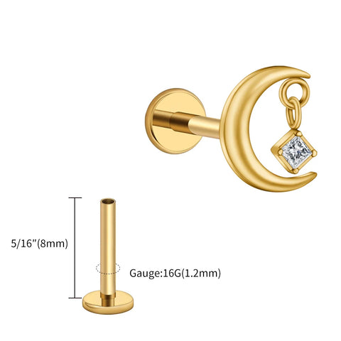 Titanium CZ Moon Cartilage Earring Tiny Crescent Moon CZ Dangle Helix