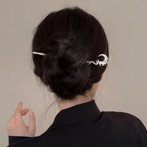 Crystal Moon Hair Stick for Women Vintage Metal Chinese Style Chopstick Shaped Hairpin