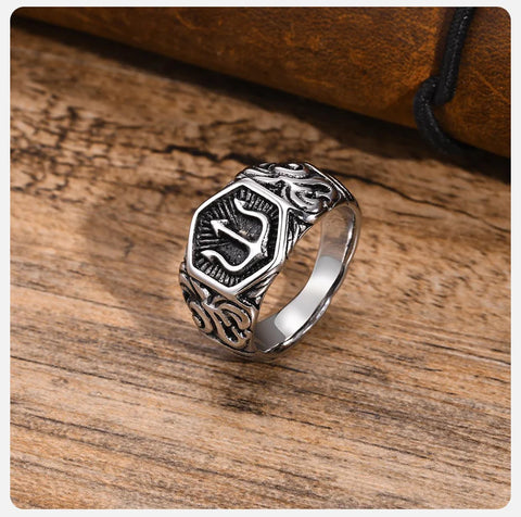 Tridant Signet Ring for Men Stainless Steel Geometric Top Stamp Finger Band