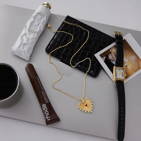 Stainless Steel Heart Pendant Necklace with Shiny Zircon for Women 18k Gold Plated