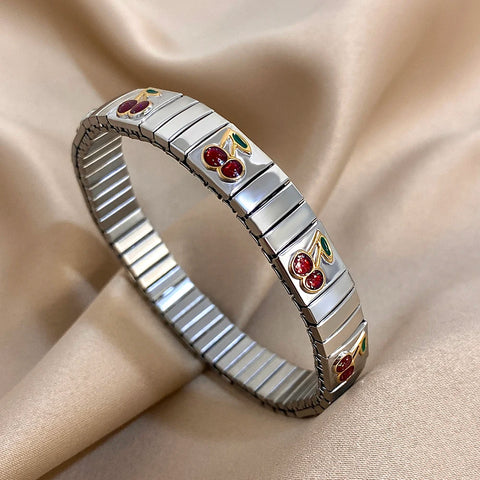 Stainless Steel Strawberry Pepper Cherry Pendant Elastic Bangles Bracelets