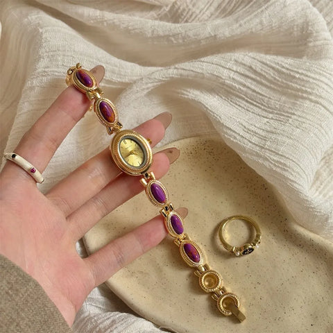 Colored Gemstones Ladies Watch Oval Elegant Wristwatch Luxury Gift Bracelet Watch