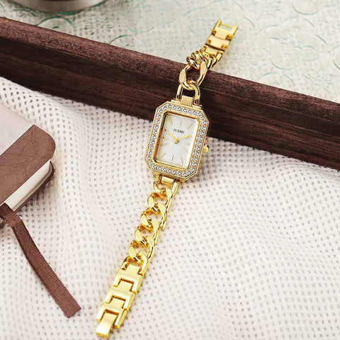 Ladies fashion bar scale square dial buckle shaped steel strip with diamonds outer shell quartz watch