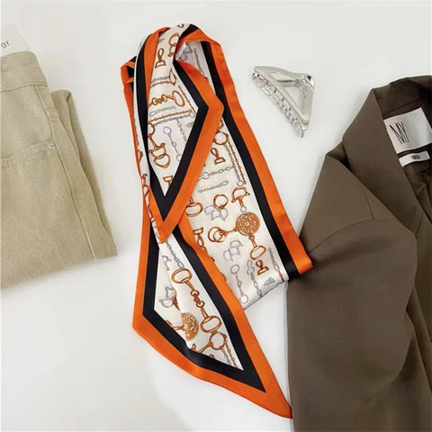 Print Silk Scarf Women Soft Satin Horse Hairband Bevel Neckerchief Office Headband