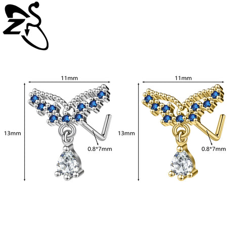 Stainless Steel Nose Ring 7MM L Rod Nose Stud Moon butterfly Shape Pendant Earring Helix